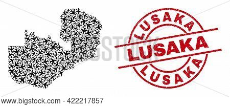 Lusaka Textured Stamp, And Zambia Map Collage Of Aviation Items. Mosaic Zambia Map Designed With Avi