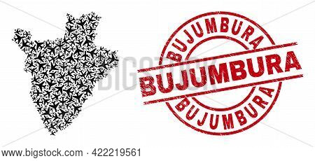 Bujumbura Rubber Seal, And Burundi Map Mosaic Of Air Plane Elements. Collage Burundi Map Designed Wi