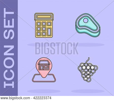 Set Grape Fruit, Calculator, Location Market Store And Steak Meat Icon. Vector
