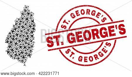 St. Georges Grunged Seal Stamp, And Saint Lucia Island Map Mosaic Of Jet Vehicle Items. Collage Sain