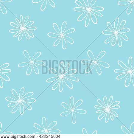 Blue Doodle Flowers Seamless Pattern Background. Repeating Vector Hand Drawn Textures. For Fabric, W