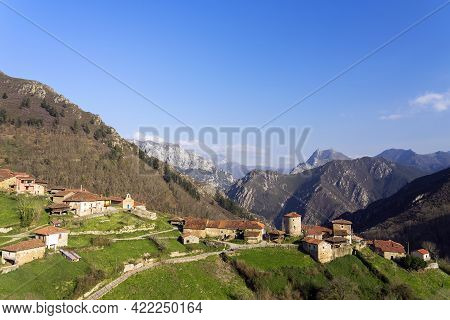 View Of The Mediaval Village Of Bandujo In Asturias Mountains. North Of Spain.