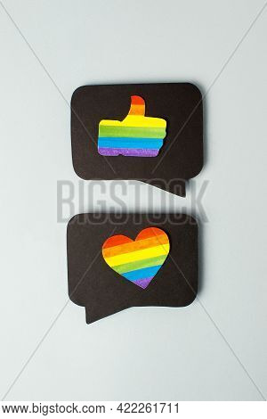 Happy Pride Month Banner For Lgbt Rights Or Social Issues Event. Colorful Rainbow Heart And Thumb Up