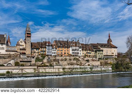 Bremgarten, Small Town With Prominent Tower At Sunshine In Canton Aargau In Switzerland. The Tower O