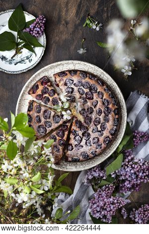 Homemade Cake With Cherries, Ricotta And Powdered Sugar
