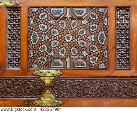 Closeup Of Wooden Arabesque Decorations Tongue And Groove Assembled, Inlaid With Ivory And Ebony, On