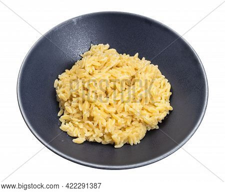 Boiled Risoni Pasta In Gray Bowl Isolated On White Background