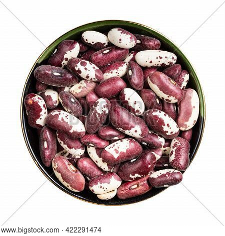 Top View Of Red Speckled Kidney Beans In Round Bowl Isolated On White Background