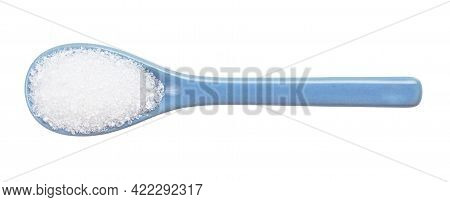 Top View Of Crystalline Citric Acid In Ceramic Spoon Isolated On White Background