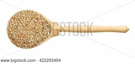 Top View Of Wood Spoon With Uncooked Wheat Groats (crushed Partly Hulled Wheat Grains) Isolated On W