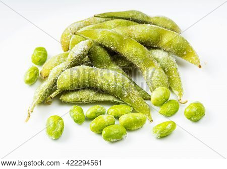 Frozen Pods And Seeds Of Edamame (unripe Soybeans) On Gray Ceramic Plate