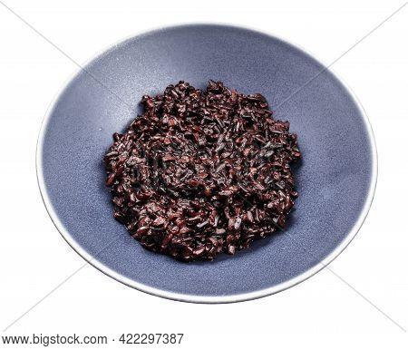 Boiled Black Rice In Gray Bowl Isolated On White Background