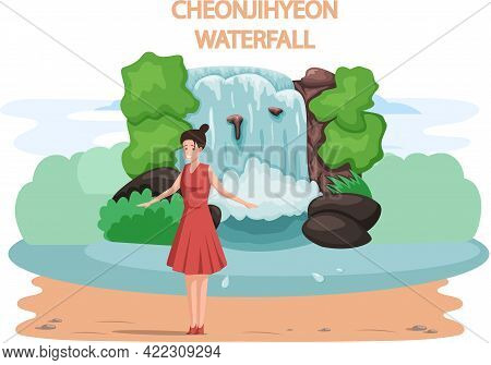 Cheonjiyeon Waterfall Famous Landmark Of Jeju Island In South Korea. Popular Place For Visiting Tour