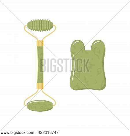 Gua Sha Scraper And Jade Roller For Facial Massage. Collection Of Different Shape Natural Green Neph