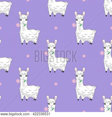 Cute Fluffy Llama And Pink Flower Seamless Pattern. White Hand Drawn Alpaca On Lilac Background For 