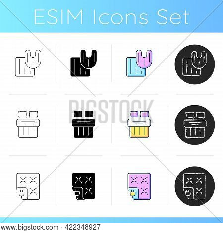 Household Textile Products Icons Set. Bathroom Rag, Toilet Carpet. Double Bed Sheets. Electric Blank