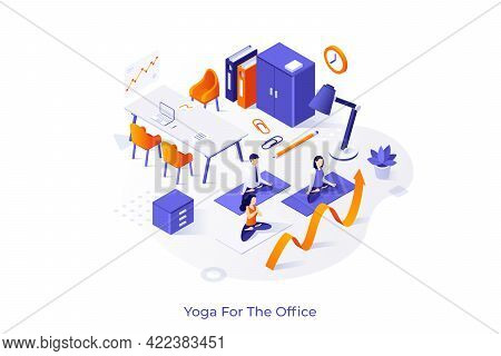 Conceptual Template With Group Of Office Workers Sitting Cross Legged And Performing Yoga Or Pranaya