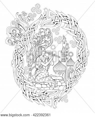 Black And White Page For Coloring Book. Fantasy Fairy Playing The Flute. Ancient Legend Illustration