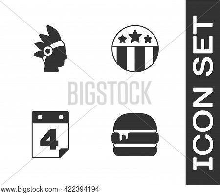 Set Burger, Native American Indian, Calendar With Date July 4 And Medal Star Icon. Vector