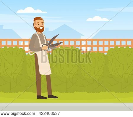 Young Man Trimming Hedge With Shears, Male Gardener Working In Garden Vector Illustration