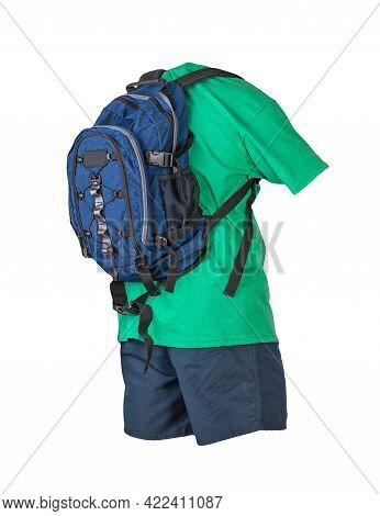 Deinim Blue Backpack,dark Blue Sports Shorts,retro Heather Green T-shirt Isolated On White Foane. Cl