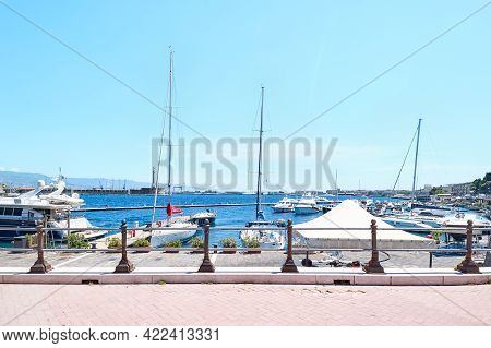 Messina, Sicily, Italy - April 26, 2021: Port Of Messina With Moored Boats, Gold Madonna Della Lette