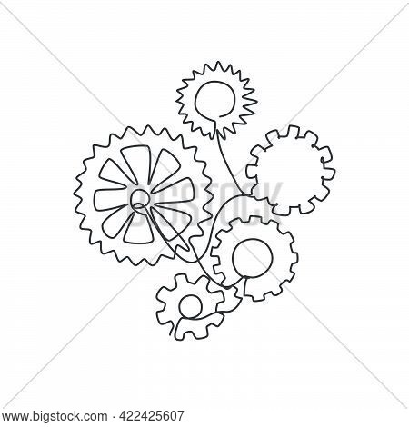 Single Continuous Line Drawing Of Gear Engine Mechanic For Logo Label. Teamwork At Industrial Compan