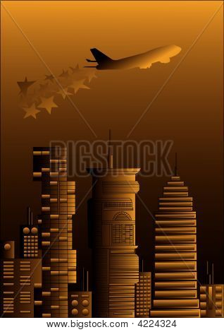 Golden City con un aereo e le stelle.