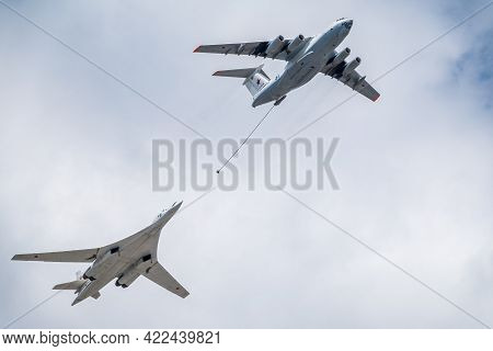 Moscow, Russia - May, 05, 2021: The Group Of Supersonic Strategic Bomber Of Long-range Aviation Tu-1