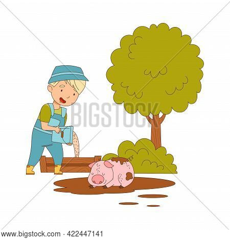 Little Boy In Overall Pouring Fodder For Pig Lying In Puddle Vector Illustration