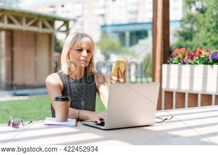 Adult Woman Having Video Call Chat With Laptop And Mobile Cell Phone Outside In Park. Happy Senior W