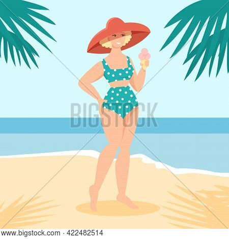 Flat Style Vector Illustration Of Young Woman Wearing A Mint And White Polka Dot Bikini And Big Hat 
