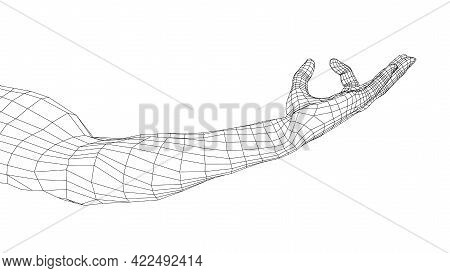 Hand Hold Some Tiny Or Thin Object. Vector Rendering Of 3d. Wire-frame Style. Hand Hold Somethin