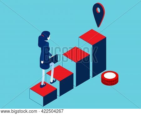 Business Person In Going Upstairs By Column Chart With Goal. Career Growth Isometric