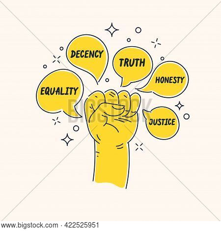 A Concept Illustration With Cartoon Style Speech Bubbles. Hand Clenched Into A Fist. A Hand Gesture.