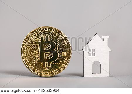 Buying Property With Cryptocurrency. Buying Real Estate With Bitcoin. Gold Bitcoin Coin, Model House
