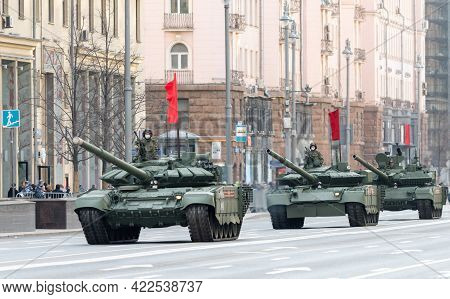 April 30, 2021 Moscow, Russia. Russian T-72b3 Main Battle Tank On Tverskaya Street In Moscow.