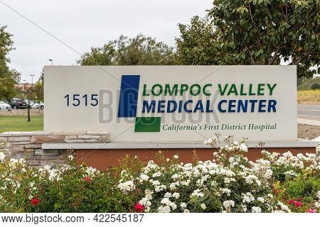 Lompoc, Ca, Usa - May 26, 2021: White On Blue Emblem On Closeup Of Sign At Entrance Of Lompoc Valley