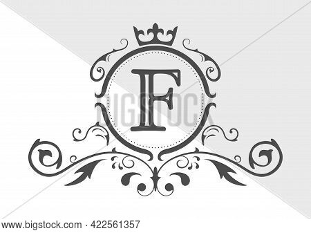 Stylized Letter F Of The Latin Alphabet. Monogram Template With Ornament And Crown For Design Of Ial
