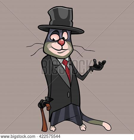 Cartoon Cat Gentleman In A Tailcoat Top Hat And With Cane