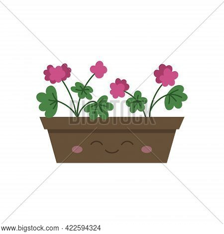 Happy Flower Box With Geranium Vector Illustration. Pelargonium Pink Flower In Flowerpot, Plant Pot.