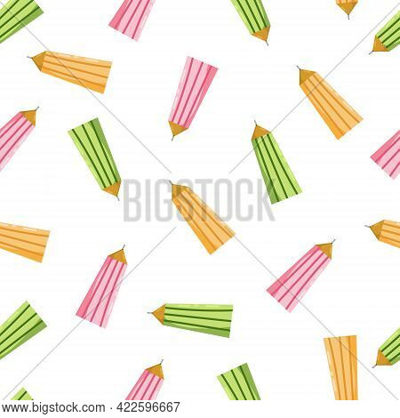Seamless Pattern With Color Pencils. Hand Drawn Vector Illustration With Cryons, Paints, Palette, Br