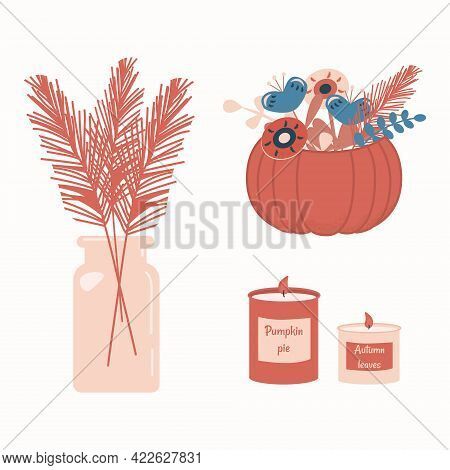 Warm And Cozy. Illustration With Cute Things And Objects For Home Interior. Vase With Pampas Grass, 