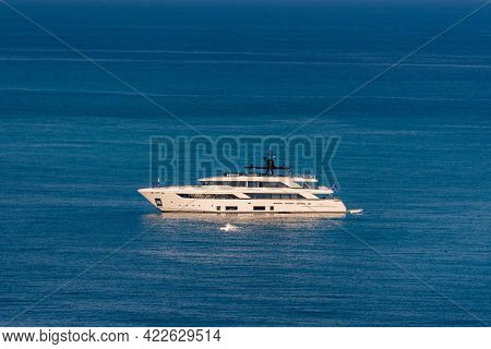 Tropea, Italy, August 2020: Aerial View Of Luxury Yacht In Tropea Sea. Tropea As A Popular Tourist D