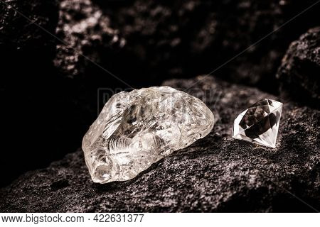 Rough Diamond And Cut Diamond In Coal Mine, Mining Concept And Rare Gemstone