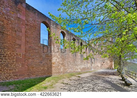Bad Dürkheim, Germany - April 2021: Outer Wall Surrounding Old Ruin Of Limburg Abbey In Palatinate F
