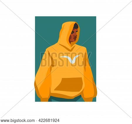 Hand Drawn Vector Flat Abstract Stock Graphic Illustration With Young Happy, In Summer Outfit, Afric
