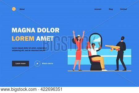 Armed Terrorist Aiming Gun At Plane Passengers On Board. People Putting Hands Up In Air Flat Vector 