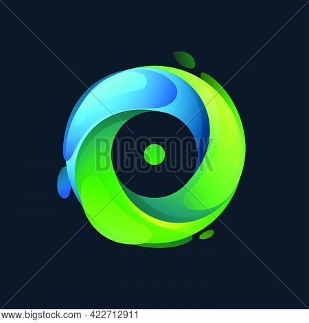 Eco-friendly O Letter Logo Inside A Swirl Green Circle. Negative Space Style Icon. Vector Font For V