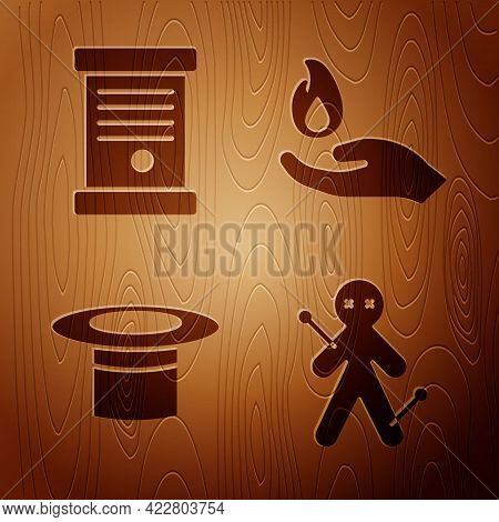 Set Voodoo Doll, Decree, Paper, Parchment, Scroll, Magician Hat And Hand Holding A Fire On Wooden Ba